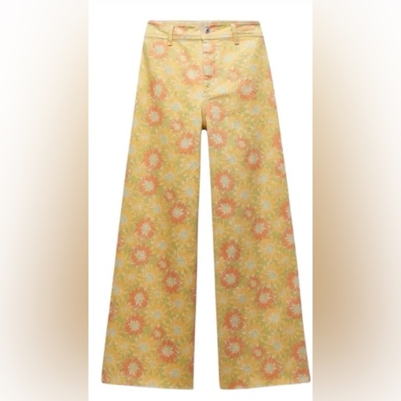 Zara Marine Straight High Waisted Yellow Sun Flower Denim Jean Sz 4 Ragged Hem - Picture 2 of 10